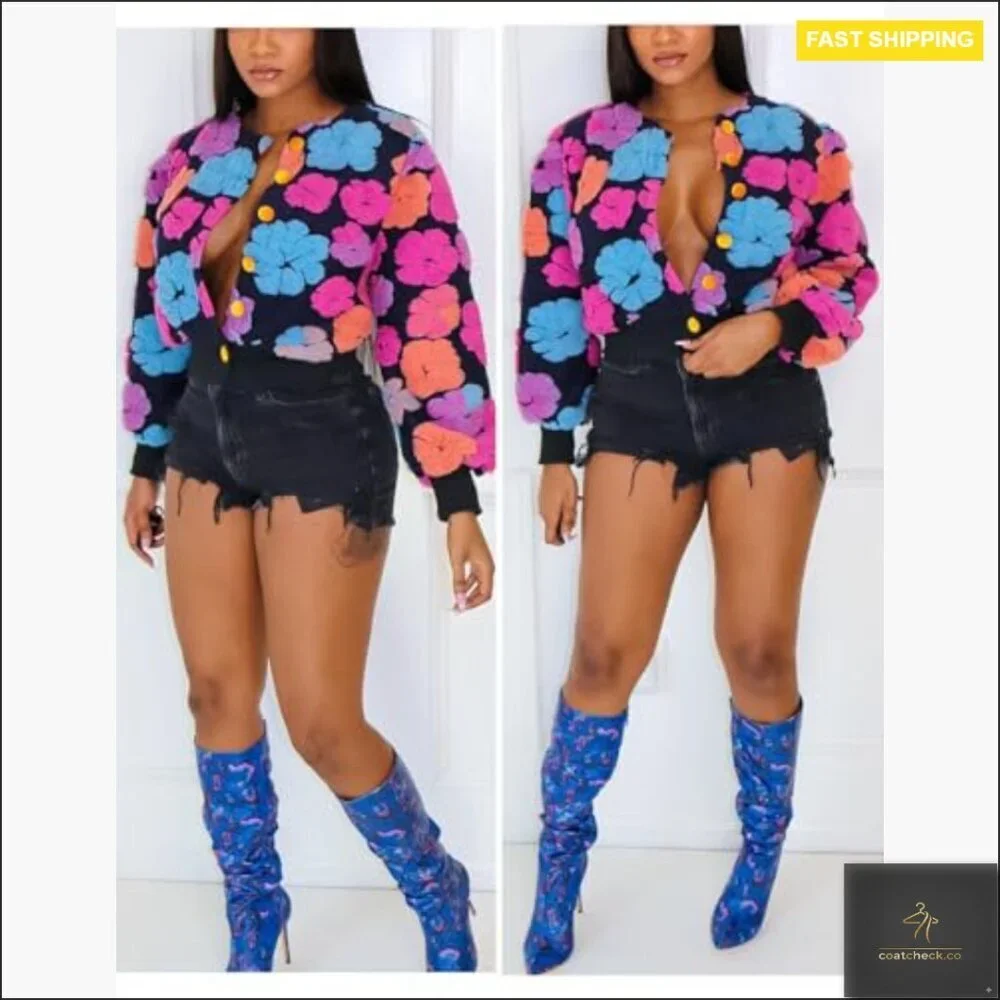 Cropped Fleece Bomber Jacket Puff Sleeve Floral Print Button Down